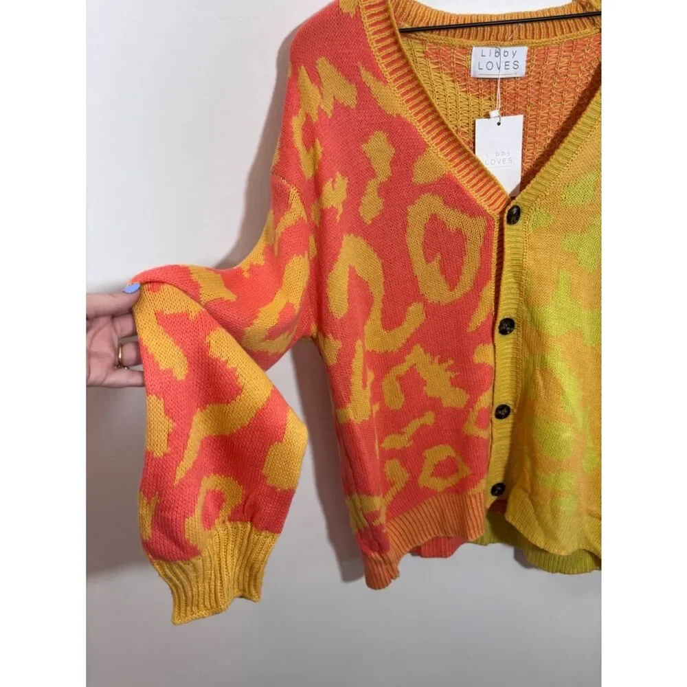 Libby Loves Leopard Button Front Ribbed Trim Cardigan One Size NWT cheetah